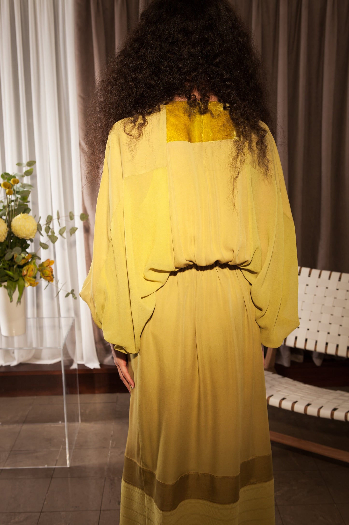 Size Extra Small to Large, Ethically Made, Chartreuse Seventies Style Kaftan Batwing Silk Dress