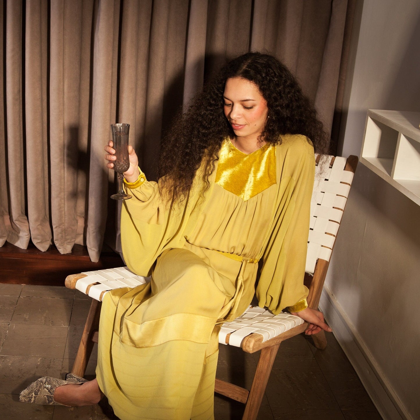 Size Extra Small to Large, Ethically Made, Chartreuse Seventies Style Kaftan Batwing Silk Dress