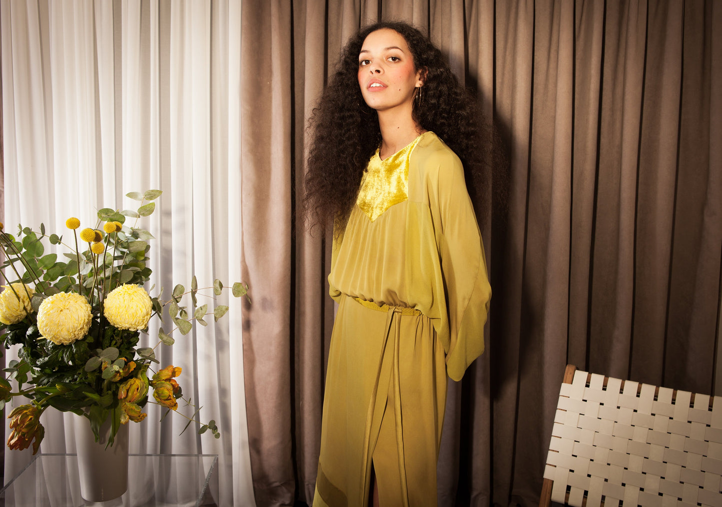 Size Extra Small to Large, Ethically Made, Chartreuse Seventies Style Kaftan Batwing Silk Dress
