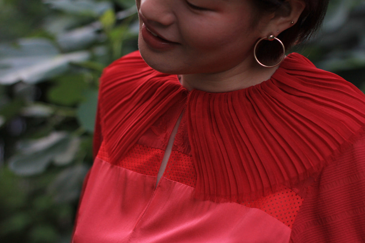 Size Extra Small, Ethically Made, Mini Cocktail Dress with Long Sleeves and Pleated Collar