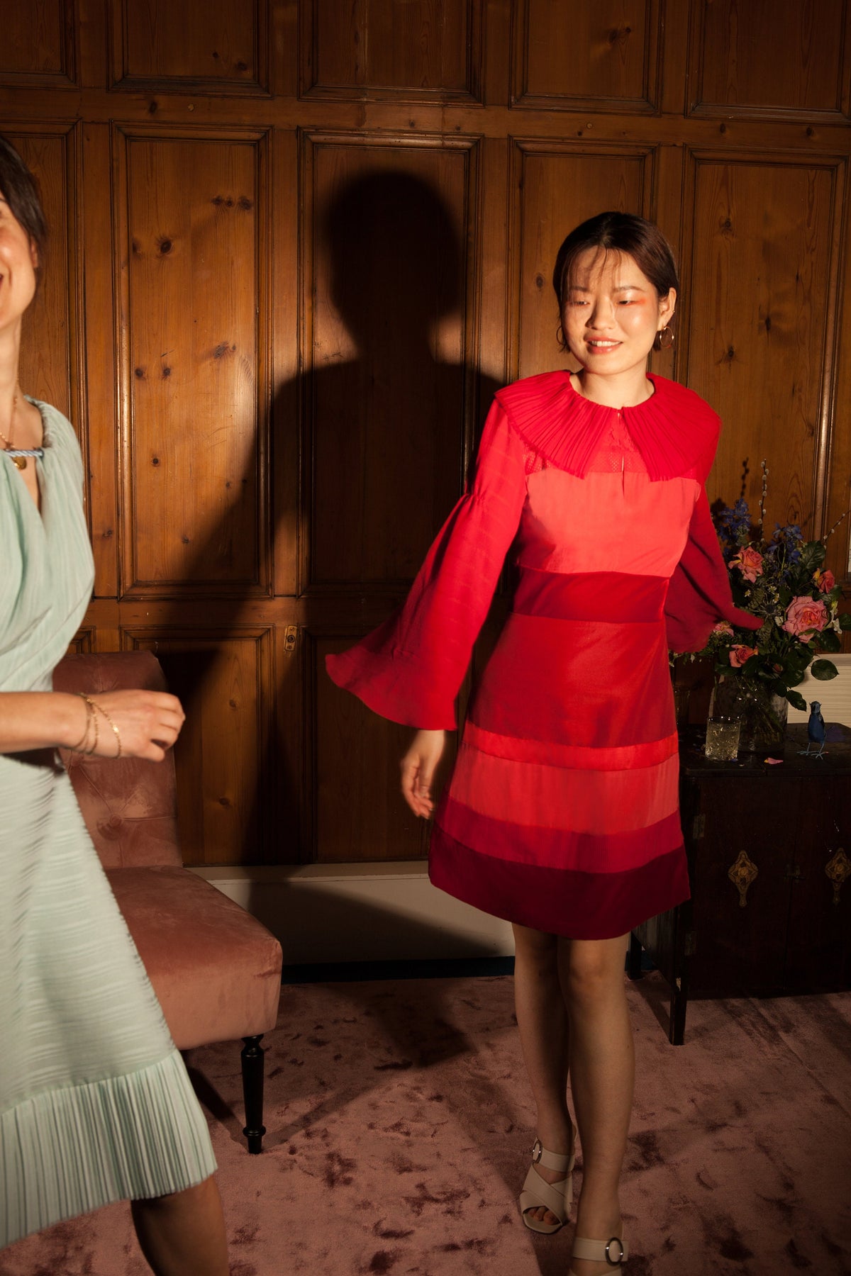 Size Extra Small, Ethically Made, Mini Cocktail Dress with Long Sleeves and Pleated Collar