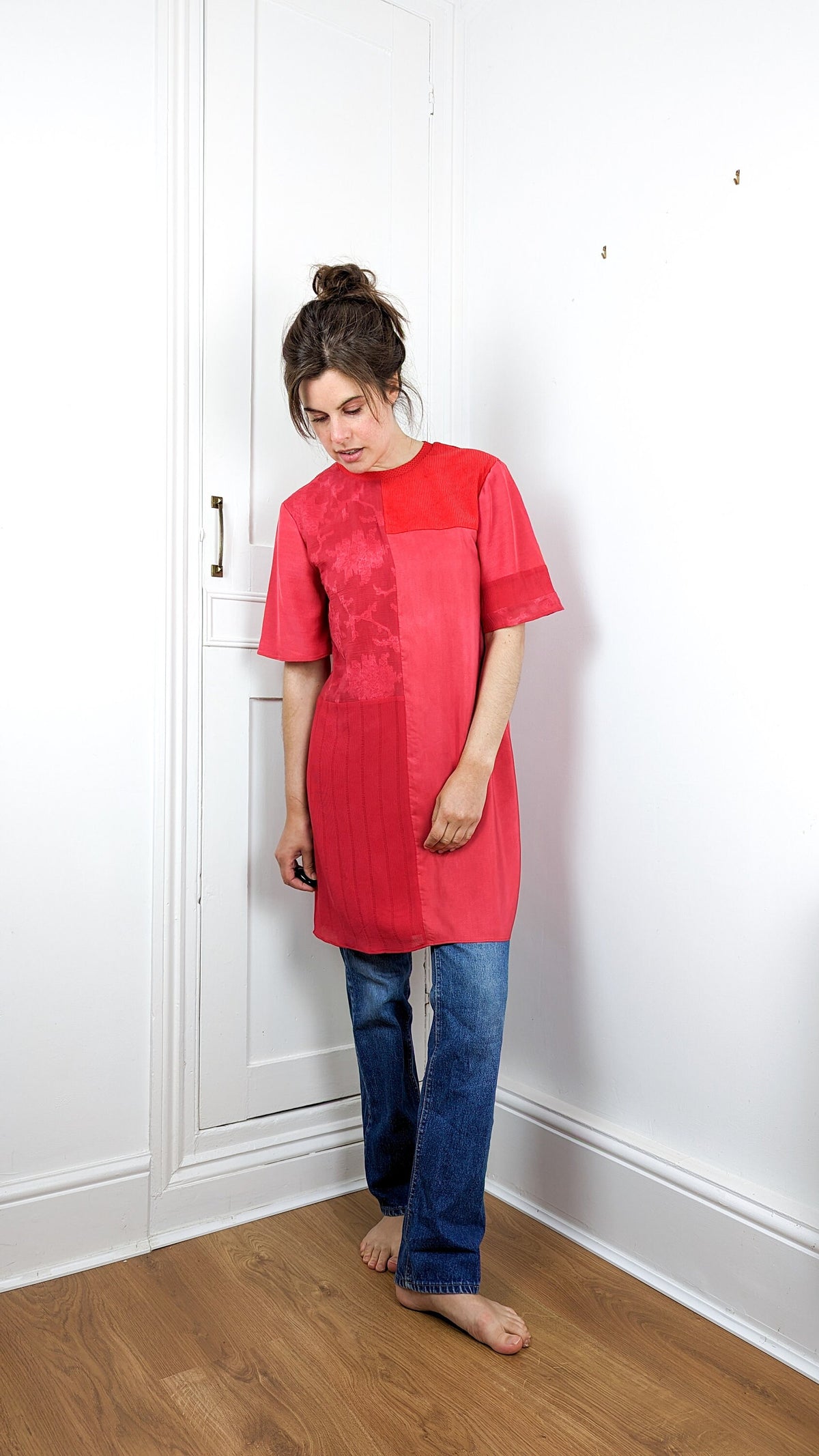 Bamboo and Silk Mini Dress Loose Fit with Short T-Shirt Sleeves Size M