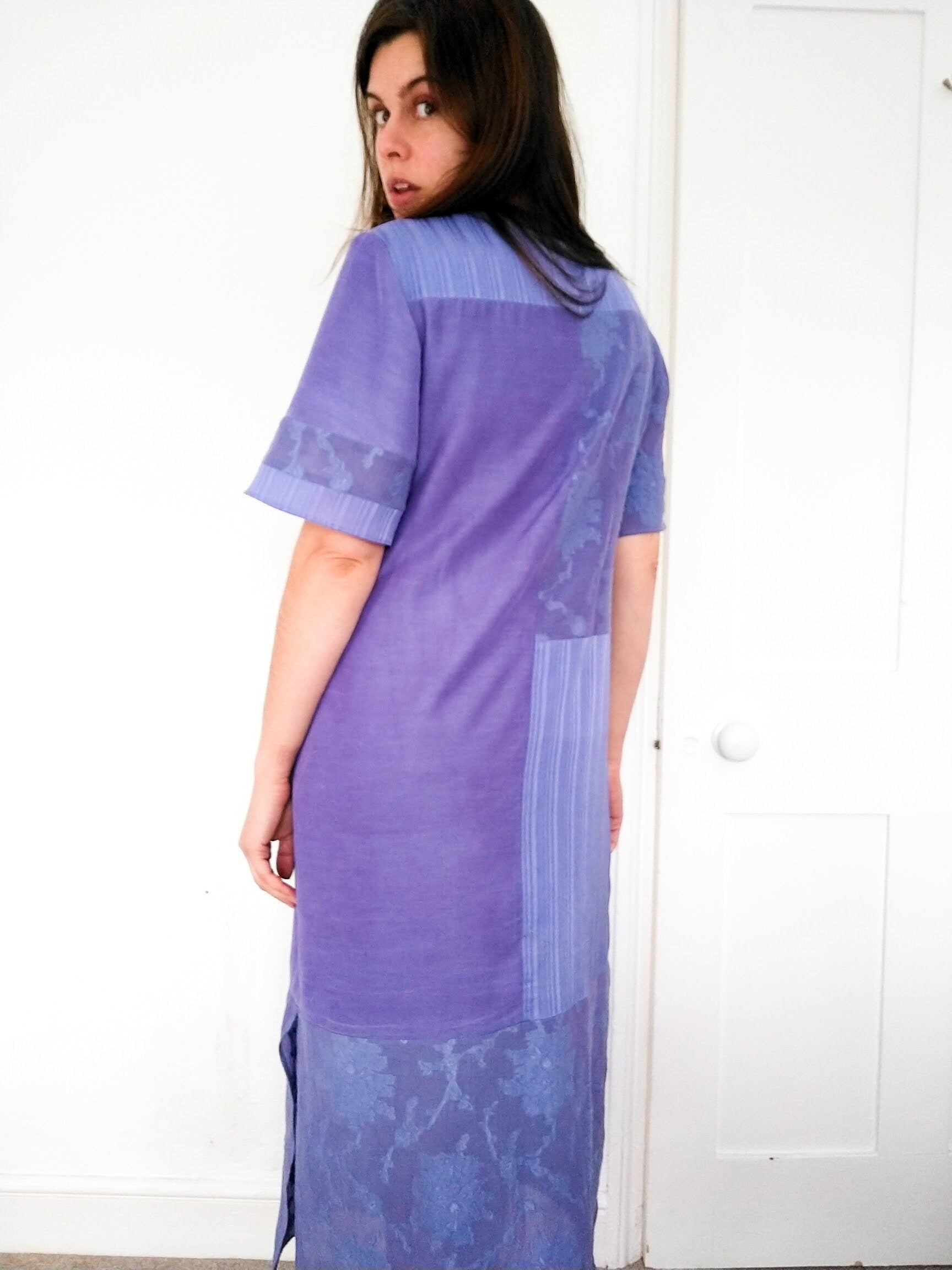 Bamboo and Silk Midi Dress Loose Fit with Short T-Shirt Sleeves and Belt