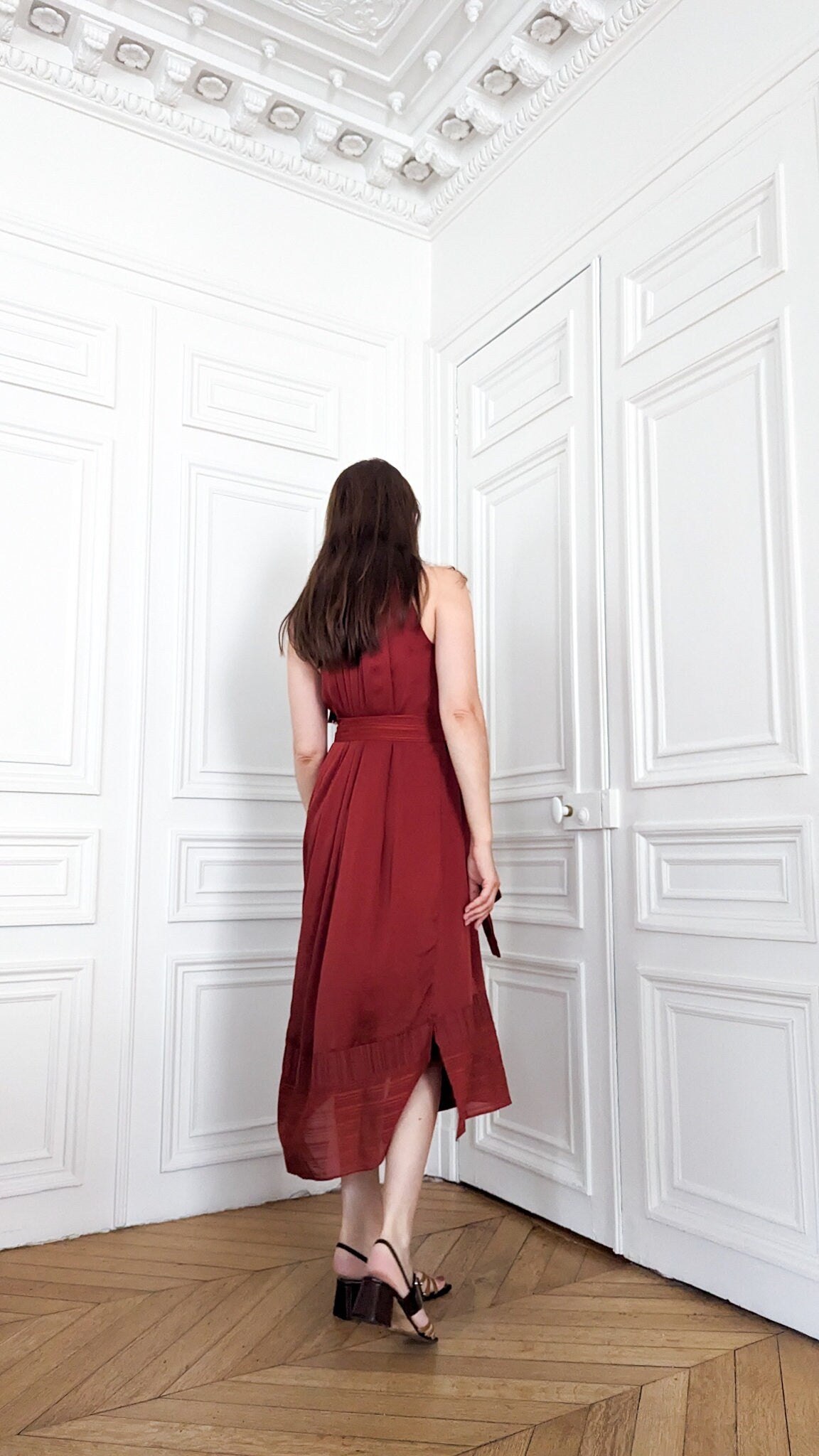 Burgundy Red Silk Midi Dress Loose Fit with Belt and No Sleeves