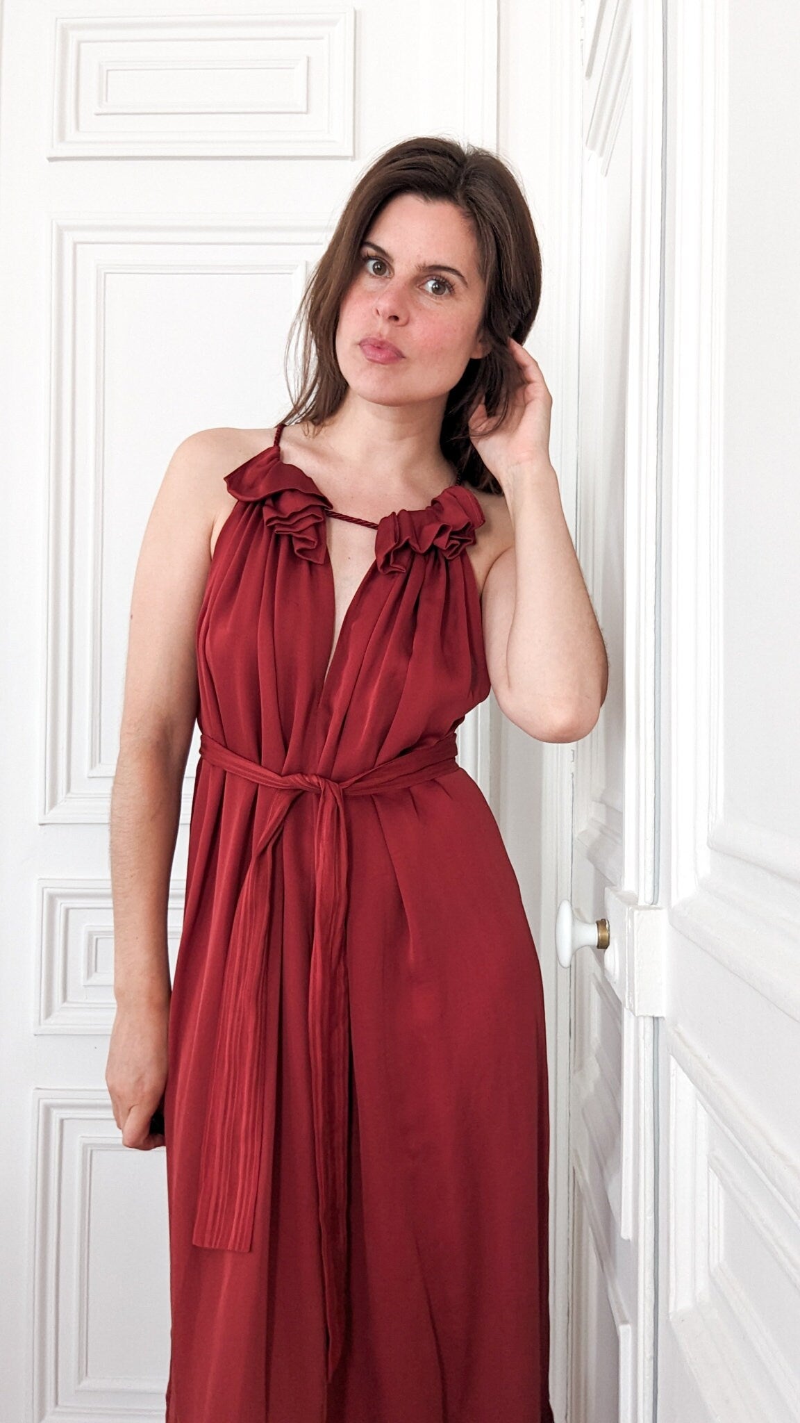 Burgundy Red Silk Midi Dress Loose Fit with Belt and No Sleeves