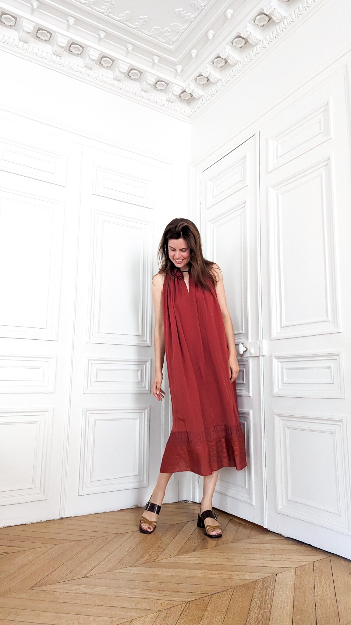 Burgundy Red Silk Midi Dress Loose Fit with Belt and No Sleeves