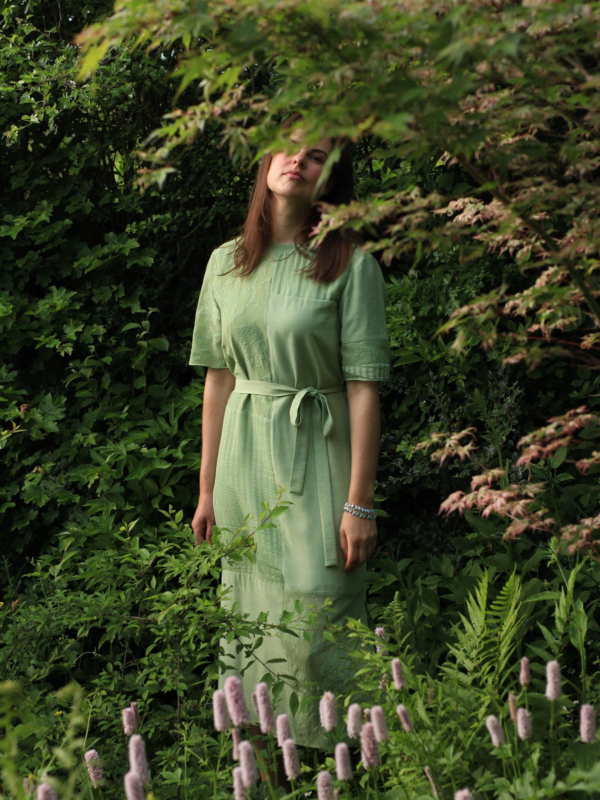 Green Bamboo and Silk Midi Dress Loose Fit with Short T-Shirt Sleeves and Belt