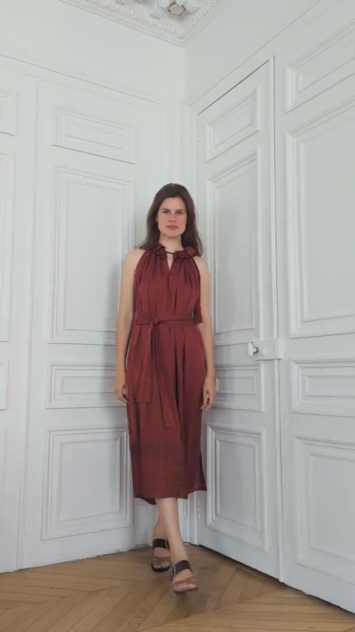 Burgundy Red Silk Midi Dress Loose Fit with Belt and No Sleeves